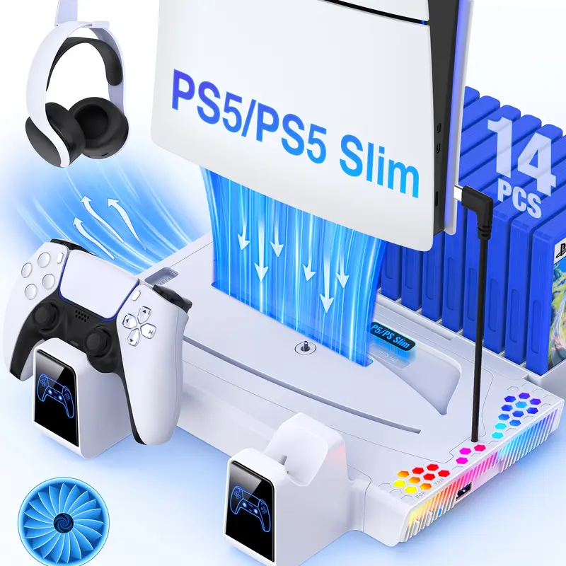 PS5 Cooler+Holder Stand with Controller Charger, 3-Level Cooling Fan, RGB Modes, 15 Game Storage, Headset Holder, Detachable Panels, Overheat Protection, Screw for Slim Digital/Disc Editions, 17cm Fixed USB-C Cable, Laminated PVC & Silicone Mix