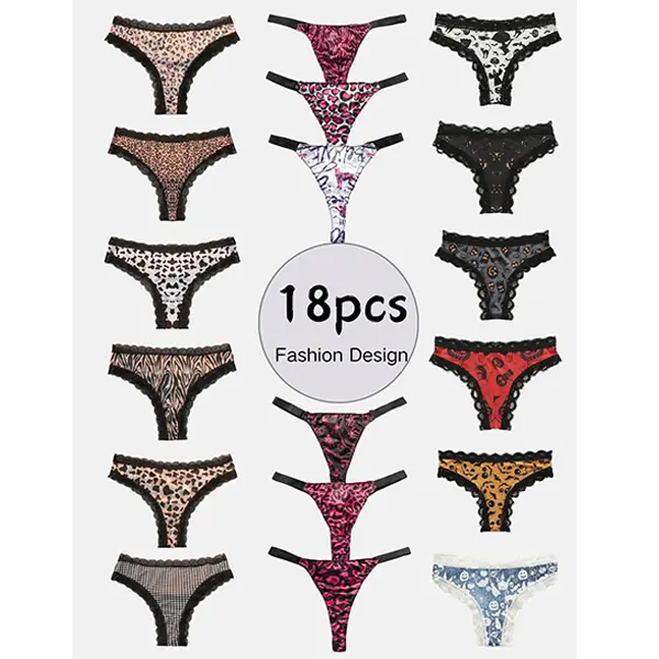 Women's 18-Pack Low-Waist Seamless Ice Silk Thongs - Comfortable, Breathable Lingerie with Leopard, Graffiti, Lace, Preppy, Houndstooth Prints for Thanksgiving Wear