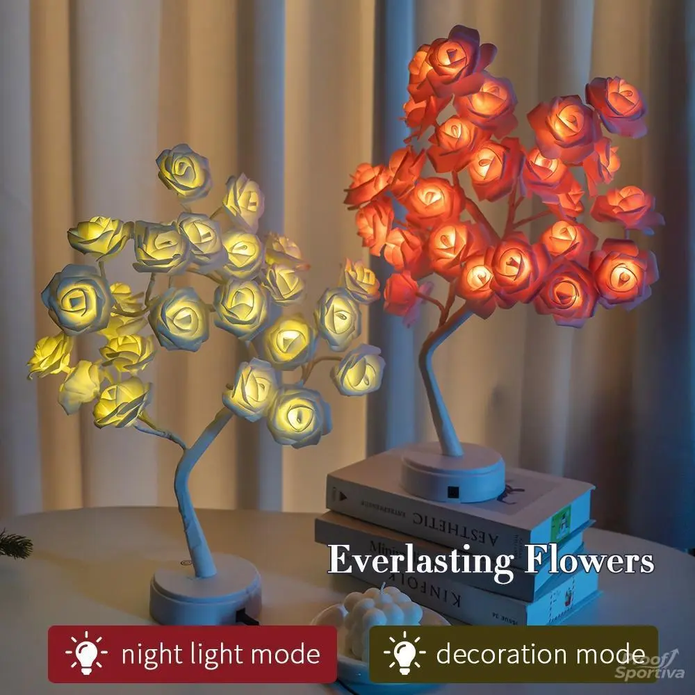 Rose Tree Table Lamp, Synthetic Decorative Mood Lamp with Colorful LED Lights, Remote Control, Timer Function - USB & Battery Powered, Led Mood Lighting, White Roses, Colorful Lights, Batteries, Indoor Use, Breathing Light