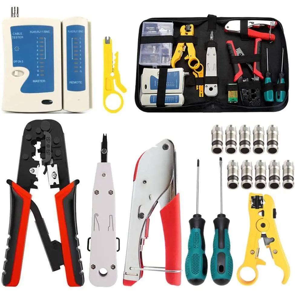 Network Tool Kit Professional Coax Crimper Tool Kit Coaxial  Stripping Tool Set Crimper Krone Punch Down Tool in a Zipper Case