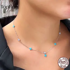1pc Elegant 925 Sterling Silver Necklace With Round Cubic Zirconia, Blue Turquoise And Lucky Leaf Shaped Charm Pendant For Women's Engagement And Summer Parties
