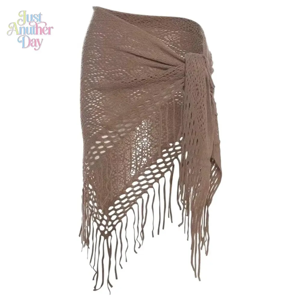 Multi-Use Crochet Knit Shawl Scarf, Tassel Fringe Hollow-Out Triangle Headscarf, Grunge Punk & Y2K Style Neck Warmer for Fall/Winter