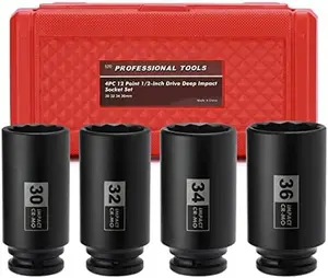 Professional Tools 4PCS 1/2" Drive Deep Axle Nut Impact Socket Set CR-MO 12 Point Design Metric 30 32 34 36mm Extra Deep Impact Socket High Torque Tool