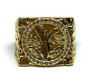 GOLD PLATED MEXICAN CENTENARIO 50 COIN NUGGET CZ RING ANILLO