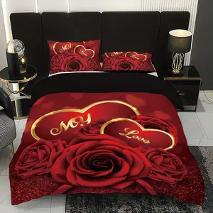 3-Piece Romantic Rose Heart Print Bedding Set, Soft Comforter and Pillowcases for Stylish Bedroom Decor, Perfect Valentine's Gift