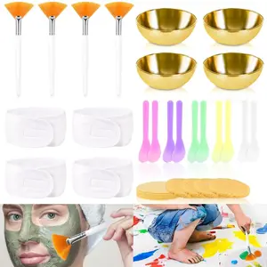 34 piece Esthetician Facial Supplies Set: 4 gold bowls, 10 clay film applicators, 4 makeup brushes, 12 compression sponges, 4 facial cleansing headbands Beauty & Personal Care