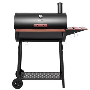 Royal Gourmet 30-Inch Barrel Charcoal Grill with Wood-Painted Side and Front Table, Barbecue Grill for Outdoor Picnic, Patio Backyard Cooking