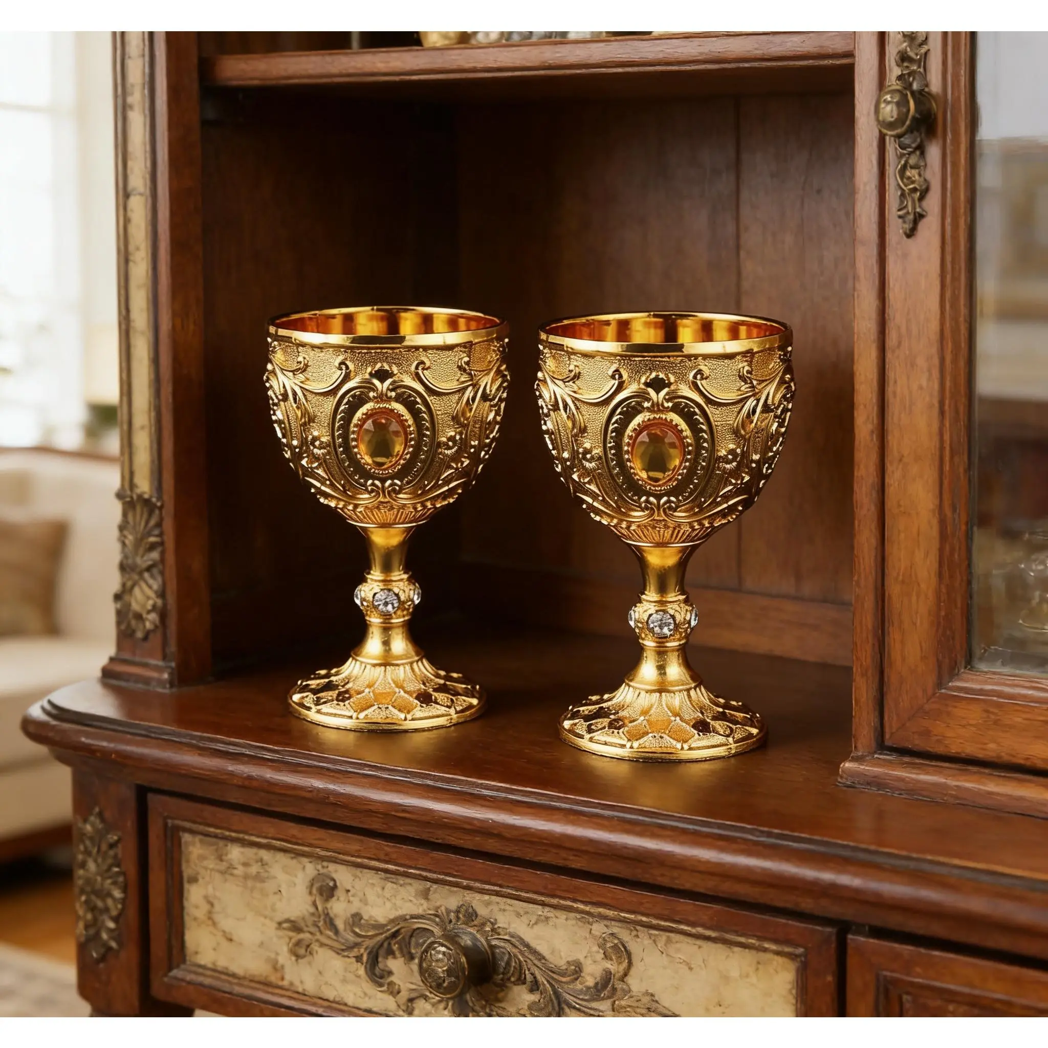 2pcs Vintage Medieval-Renaissance Style Imitation Chalice Goblets, Luxurious Golden Finish, Ornate Floral Patterns, Handcrafted Metal Drinkware, Hand Wash Only, Housewarming Gifts for Families, Home Decor Supplies
