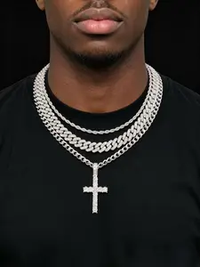 3 Pieces/Set One Artificial Zircon Cross Pendant and 3 Different Style Chains, Men Women Hip Hop Cross Pendant Necklace, Cross Choker Necklace, Fashionable, Trendy Necklace Jewelry, Suitable for daily wear, Gift for Lovers Stackable Cuban Link