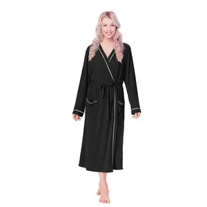 Tirrinia Womens Comfy Lightweight Summer Long Robe, Ultra-Soft Breathable Bathrobe with Pockets, Shawl Collar Women Matching Robes, Black X Large