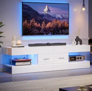 White TV Stand for TVs up to 65", Modern Entertainment Center for TVs with LED Light, High Gloss TV Console Table with Storage Drawers