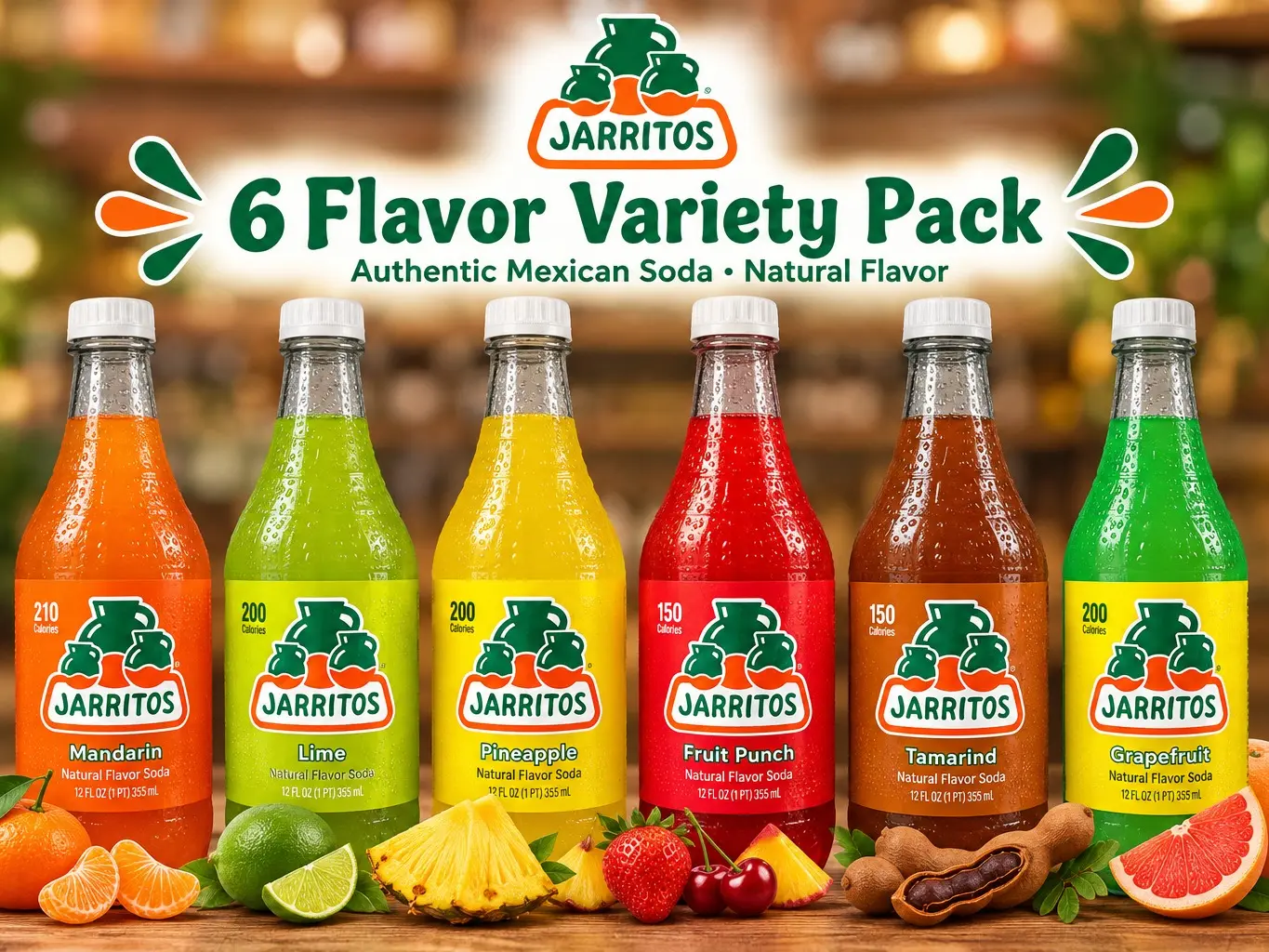 Jarritos - Mexican Soda, 6-Flavor Variety Pack (17.7 oz, 6 Bottles) - 1 Mandarin, 1 Lime, 1 Pineapple, 1 Fruit Punch, 1 Tamarind, 1 Grapefruit - Real Cane Sugar - Made in Mexico - Natural Flavor Soda Pop - Party & BBQ Beverages