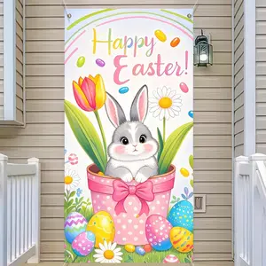 2D flat banner, Decorative Banner, Party Decorations Banners, 1pc Happy Easter Door Cover Decorations Bunny Eggs Holiday Party Decor for Front Door Wall Indoor Outdoor Spring Easter Hanging Decorations HomeDecor HolidayParties Cartoon Animal Theme
