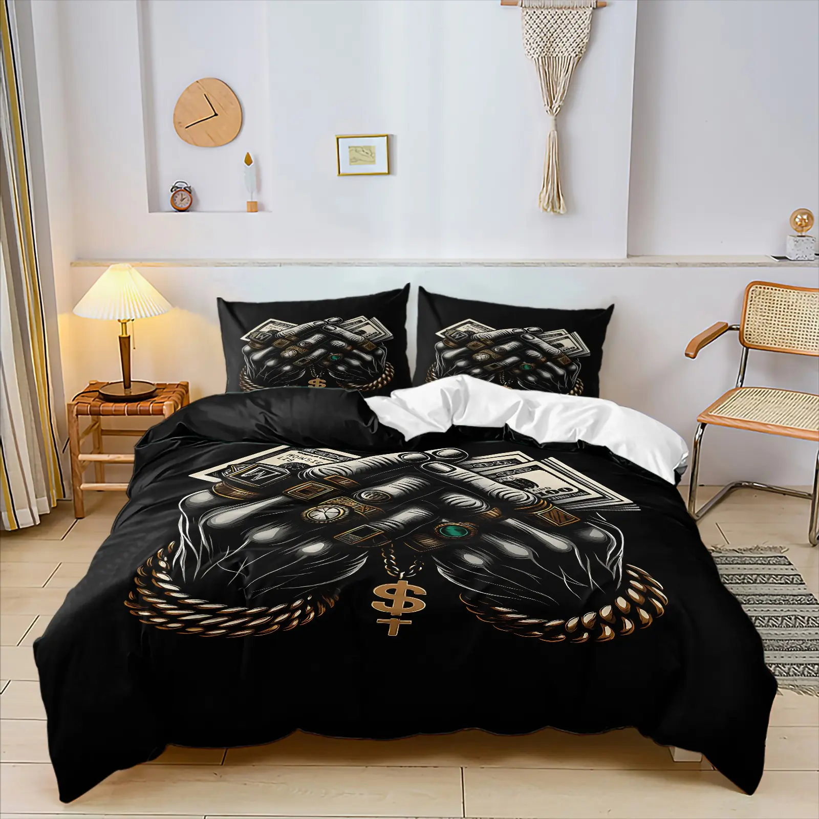 Fist and Money Pattern Printed Duvet Cover Set, 2/3 Pcs,Includes 1 Count Duvet Cover & 1/2 Pillowcase without Filler,Hip-hop style design,Suitable for gifting or personal use,Ideal for home bedrooms and hotels. Printed Bedding Set