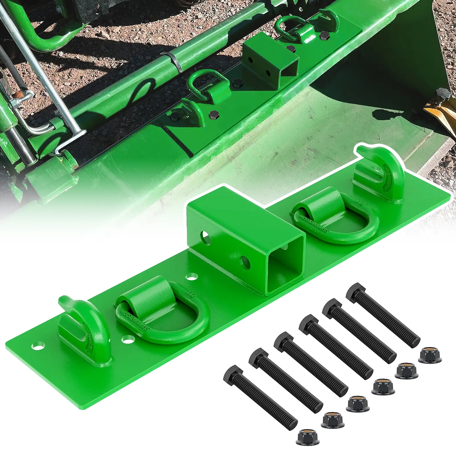 Nilight Grade 70 Forged Steel Bolt-On Tractor Bucket Grab Hooks - 3/8" Hooks, 1/2" Tie Down Ring, 2" Receiver - For John Deere 1023e & Compact Tractors - 4700LBS Max Load Green Vehicle Plate Towing Part