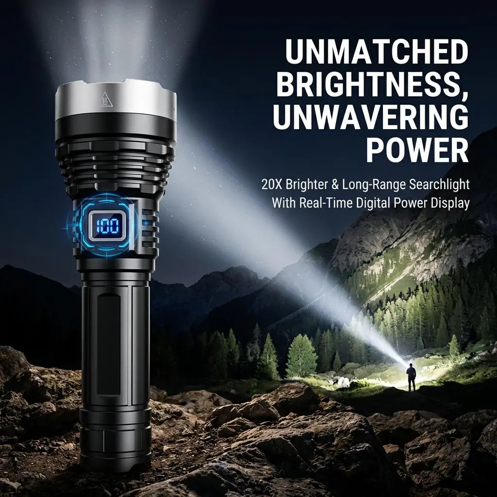 FLP-2-in-1 Strong Flashlight (Power Bank)，Digital display of power, Rechargeable，Zoomable, , X4Waterproof, Adjustable Brightness Flash Light for Outdoor, Emergency, Camping Accessories，Black