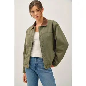 Barn Jacket With Corduroy Accent Collar Olive Green Durable Structured Canvas Fabric Soft Thicklined Pockets Button Closure True To Size