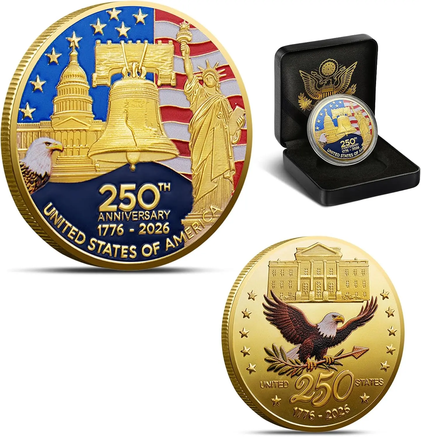 USA 250th Anniversary Gold Plated Challenge Coin 1776-2026, Double-Sided America 250 Commemorative Coin with Gift Box, Patriotic Collectible Coin for Veterans, Military Collectors & History Gifts