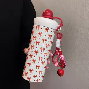 600ML Cherry Pendant Insulated Cup with Heart Bow Pattern, Stainless Steel Travel Mug for Hot and Cold Drinks, Ideal Gift for Outdoor and Home Use, Flasks
