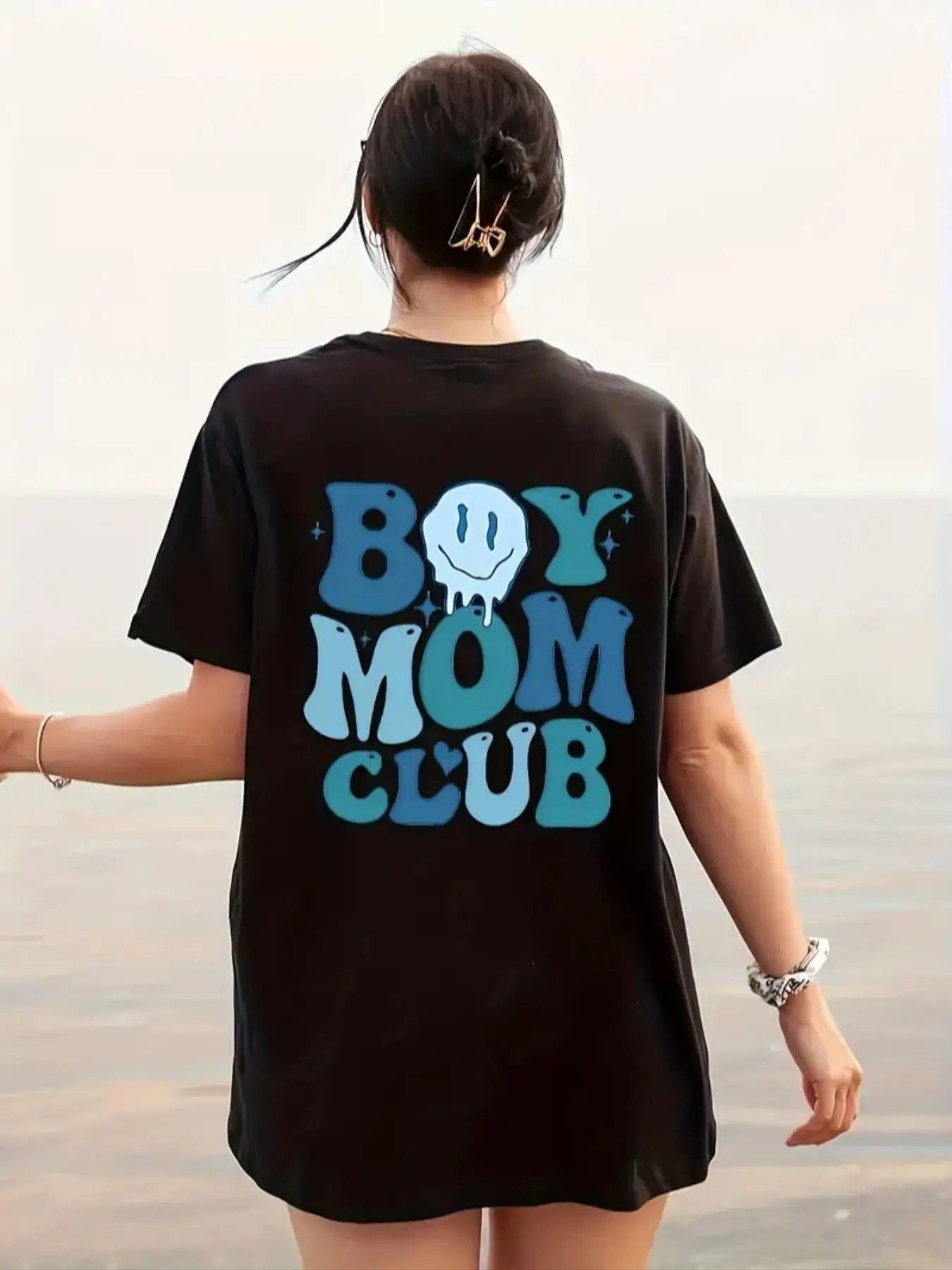 Women's Cartoon Graphic Print Round Neck Drop Shoulder Tee, Summer Clothes Women, Fashion Letter Print Crew Neck T-Shirt for Vacation, Summer Outfits