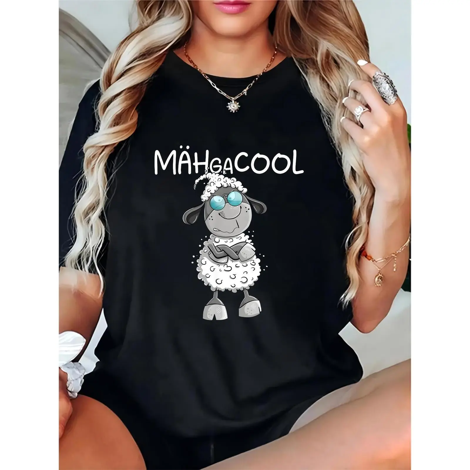 Women's Black T-Shirt with Cool Sheep in Sunglasses & "MAHGACOOL" Graphic - Casual Daily, Party, School Outfit