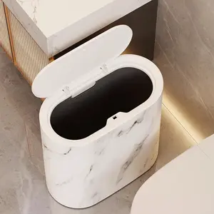 Compact 3.17-gallon marble and wood grain plastic trash can with lid, square odor-proof storage bin - suitable for bathrooms, kitchens, and living rooms, no electricity required, ideal for use in narrow spaces.
