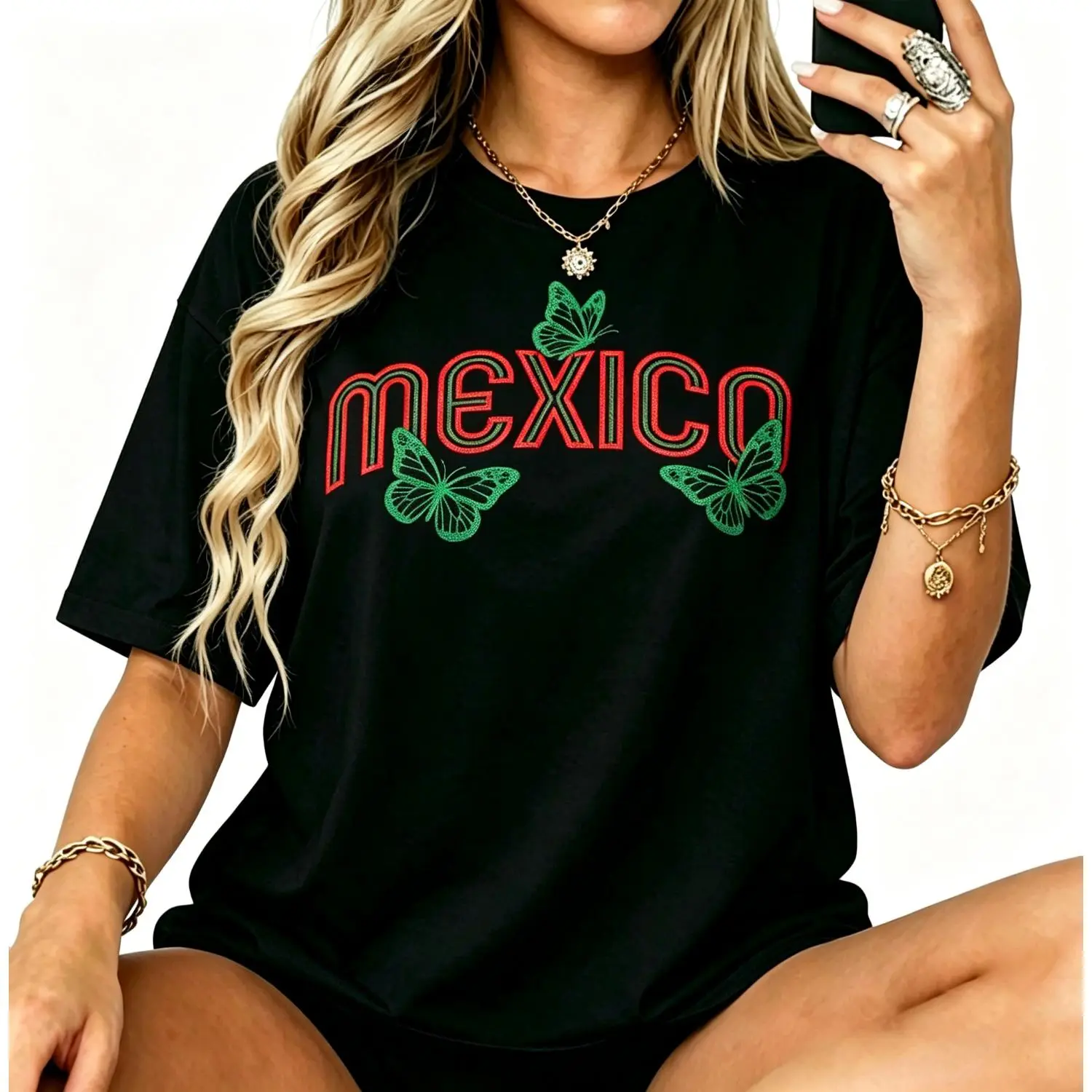 Women Mexico Butterfly Tee Mexican Flag Girls Mexicana 2026 T-Shirt for Game Day