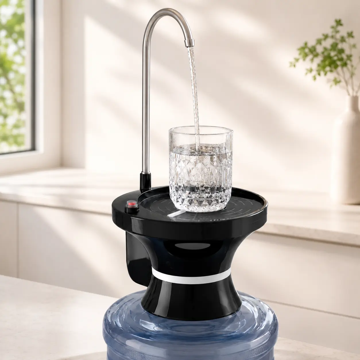 Electric Water Bottle Auto Pump Dispenser - Dual-Switch, 1-Touch, High-Arc Spout, Fast Quiet Dispensing, Compact 1500mAh ABS Plastic Single Unit for 2-5 Gal Bottles, Portable for Home, Office