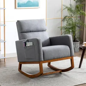 CLEESINK Rocking Chair Fabric Padded Seat Mid-Century Modern High Back Armchair Comfortable Rocker Chair with Side Pocket Solid Wood for Living Room, Nursery, Grey