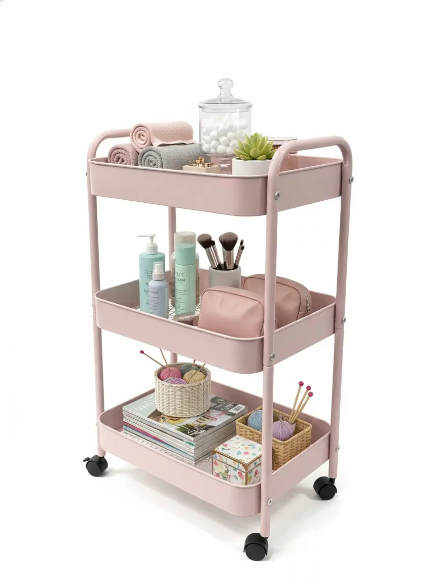 Bathroom organizer,3-Tier Rolling Bathroom Accessories Organizer with Lockable Casters & Rotatable Racks, Versatile Room Storage for Bathroom, Kitchen, Ideal for Baby Diapers, Crafts Supplies,pink