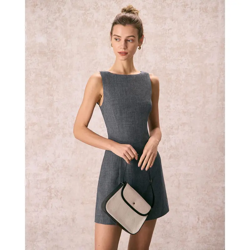 RIHOAS Women's Basic Solid Color Sleeveless Boat Neck A-Line Fitted Mini Dress - Clean Elegance, Stain-Resistant, Fast-Drying Polyester, Machine Washable, Cold Wash, All-Seasons Casual Brunch Wear