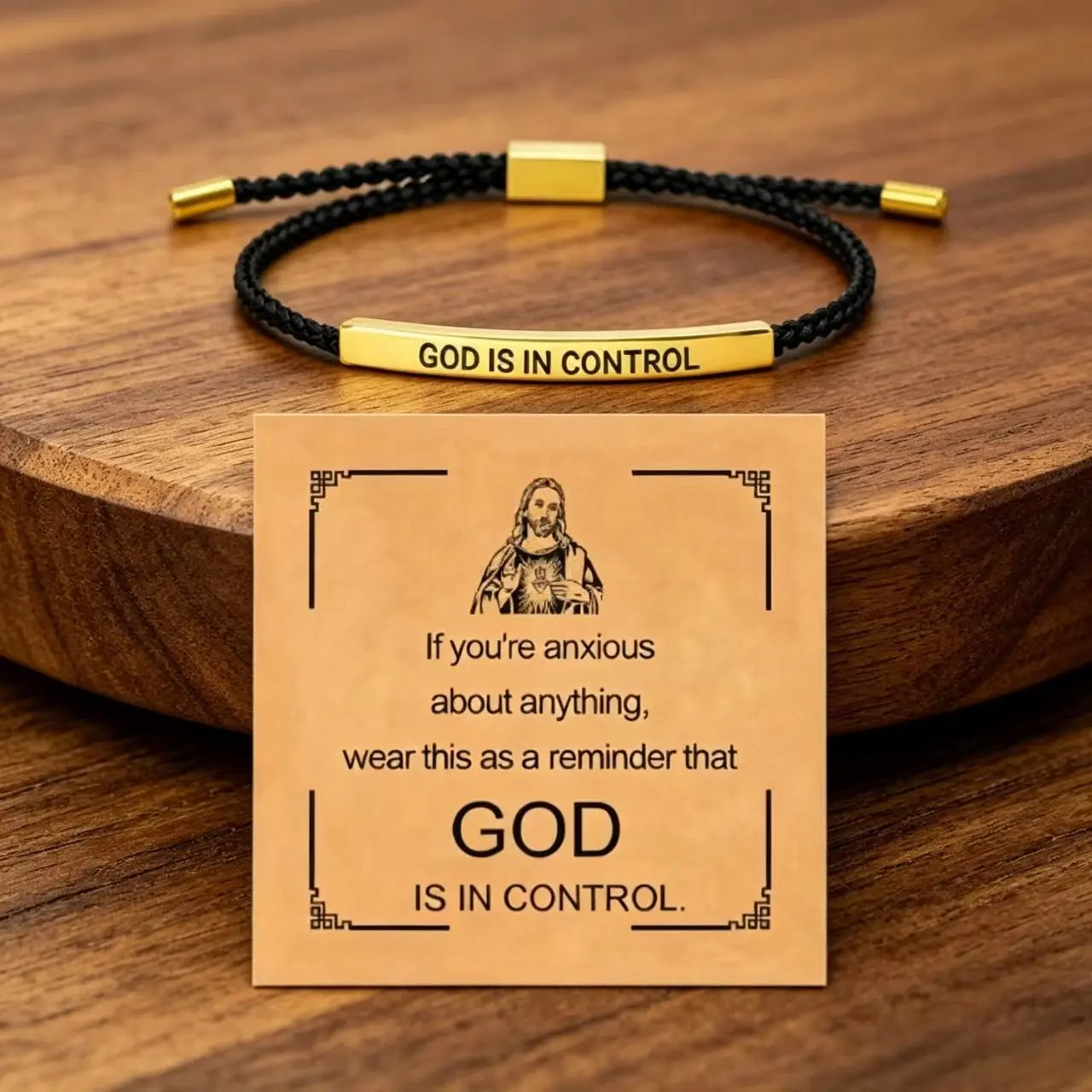 Unisex Fit Religious Braided Bracelets - Gold-Plated Stainless Steel Engraved Motivational Bracelets & Bangles with "God Is In Control" Bar, Adjustable Braided Rope Design, Faith Fashion Accessory for Female, Birthday Gift