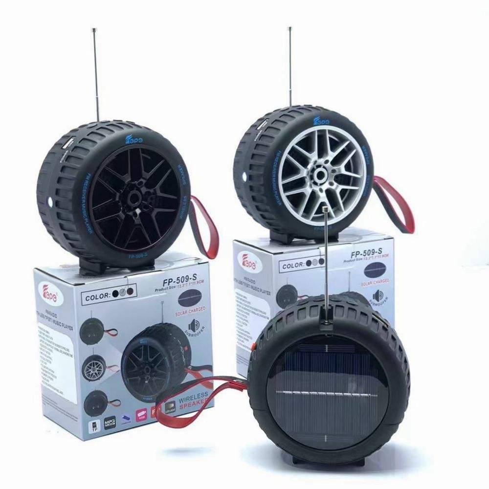 Car Wheel Design Solar-Powered Portable Wireless Speaker with USB & Micro SD Card Slots, Detachable Strap, Rechargeable Battery & Strong Sound Output for Universal Cell Phone and Wireless Devices