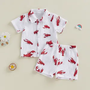 Baby Kids Boys Shorts Set, Dinosaur/Bus/Crayfish Print Short Sleeve Shirt with Elastic Waist Shorts Toddler Set Summer Outfit