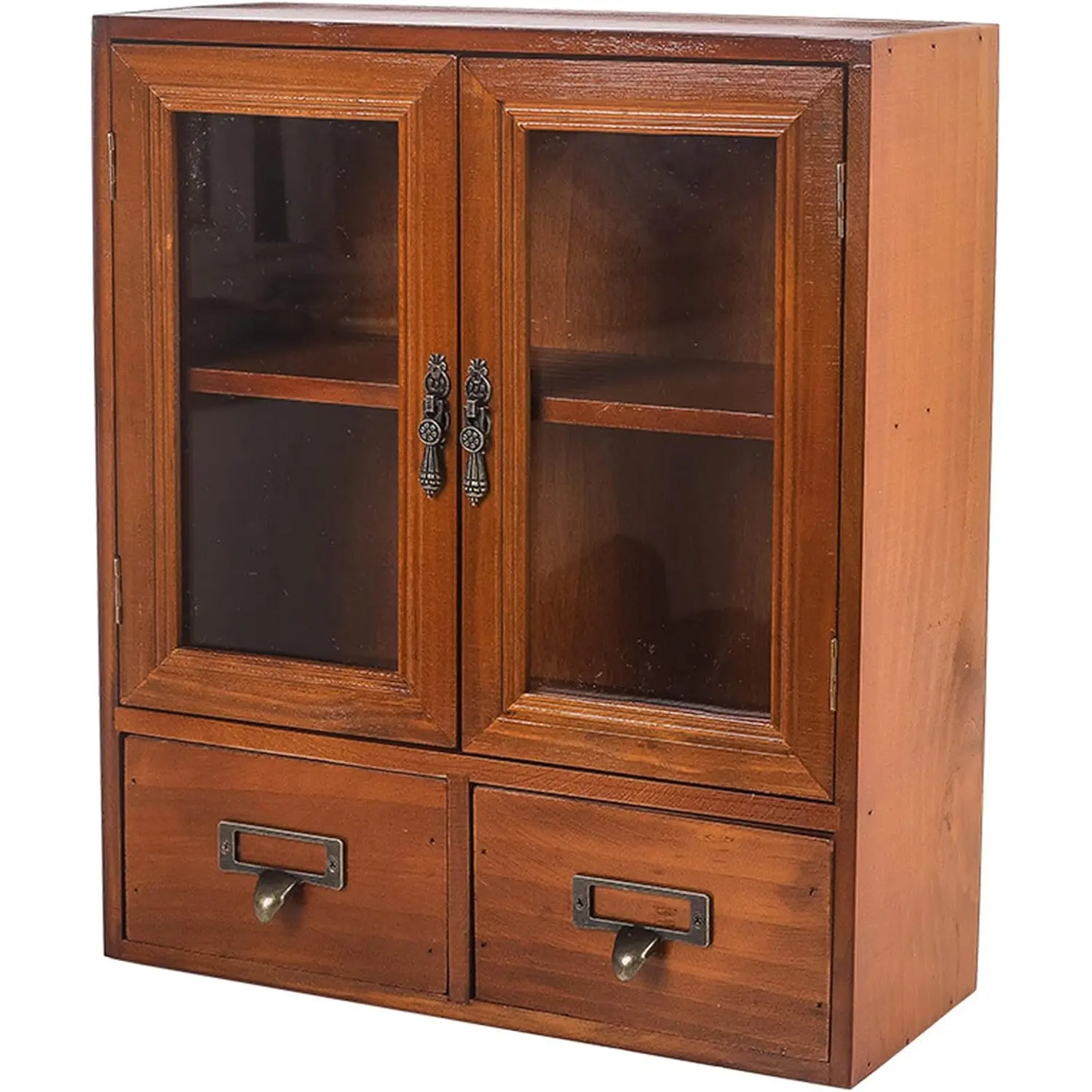 Narrow Vintage Pine Apothecary Cabinet 2 Doors 2 Drawers Brown
