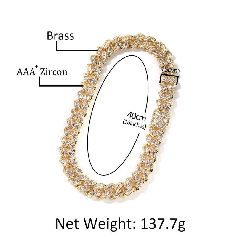 ICE HUE 15mm Baguette Cuban Necklace Zirconia European and American Fashion Street Culture Hip Hop Style Fashionable Jewelry Jewelry Accessories Streetwear
