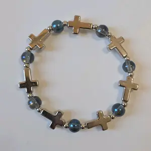 Silver Cross Charm Bracelet with Color Metallic Shine Beads for Women's Fashion Accessory