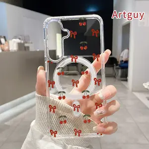 Magnetic Soft Case for Samsung Galaxy S26 Edge S23 Ultra S24 Plus FE S25 S22+ Cherry Bows Pattern Anti-Yellowing Shockproof ultra-thin Silicone Crystal Transparent Acrylic Large Hole Cover Supports Wireless Charging