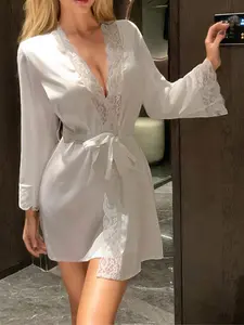 Women's Solid Color Lace Trim Satin Bathrobe, Comfy Long Sleeve Fitted Dressing Gown, Women's Sleepwear & Loungewear for All Seasons, Belted Satin Robe, Womenswear, Bathrobe Cover Up