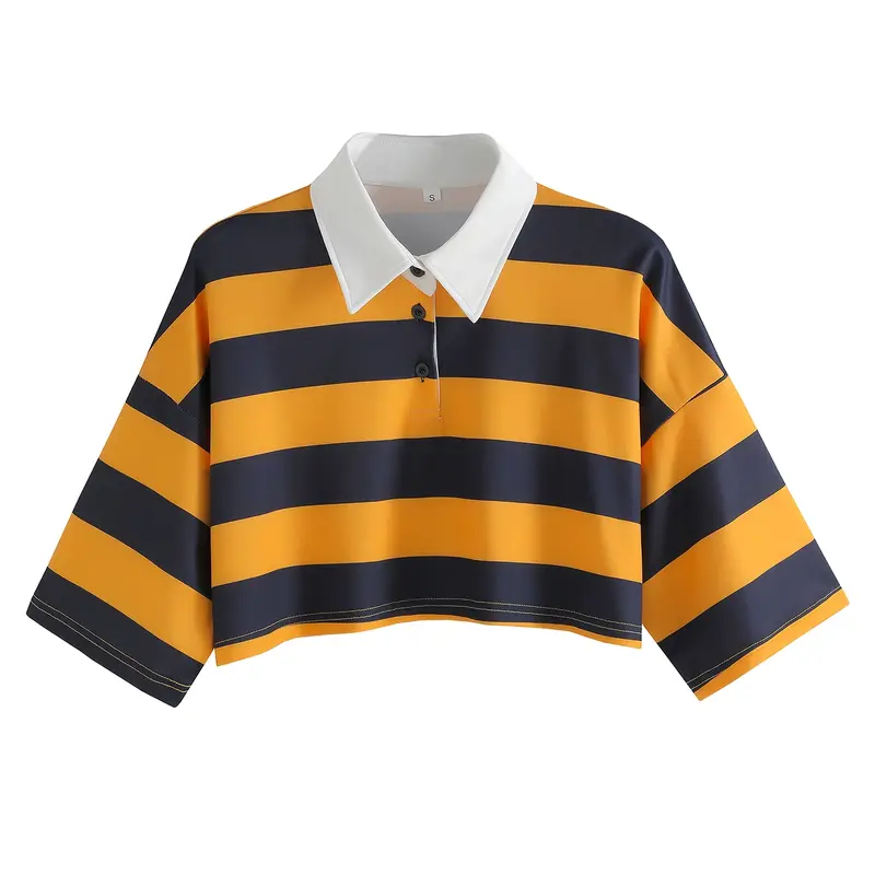 Women's Streetwear Loose Striped Collared Polo Shirt, Fashion Versatile Aesthetic Summer Short Sleeve Top, Y2K Style, Casual Fit, Breathable Lightweight, Perfect for Daily Wear, Summer Tops