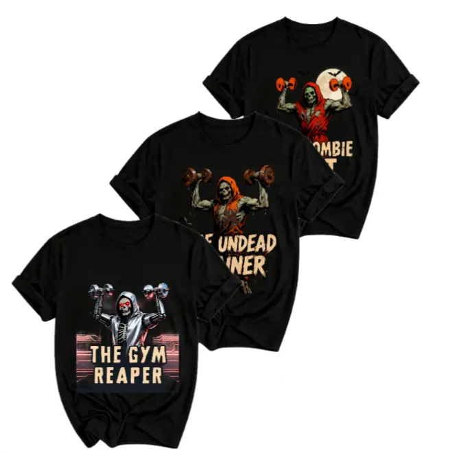 Men's 100% Cotton Heavyweight Oversized Graphic Tee - Spooky Horror Halloween Zombie Weightlifting Print, Dark Street Workout Aesthetic Jersey Costume Shirt