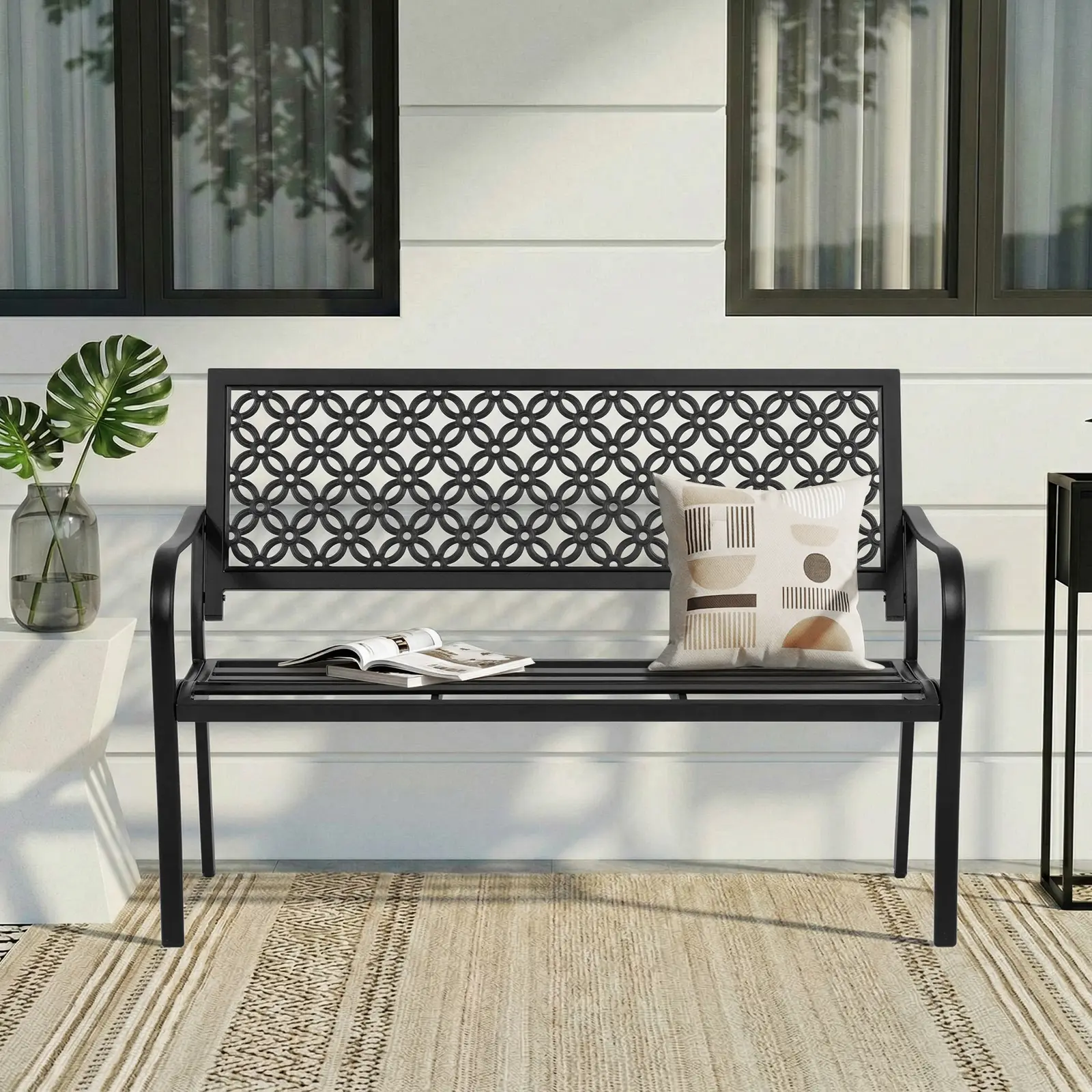 ONBRILL Modern Ergonomic 3-Person Outdoor Garden Bench - Galvanized Iron Metal Base, Floral Backrest, Adjustable Feet, Yellow, Requires Assembly - Front Porch Patio Furniture (Supports 3 People)