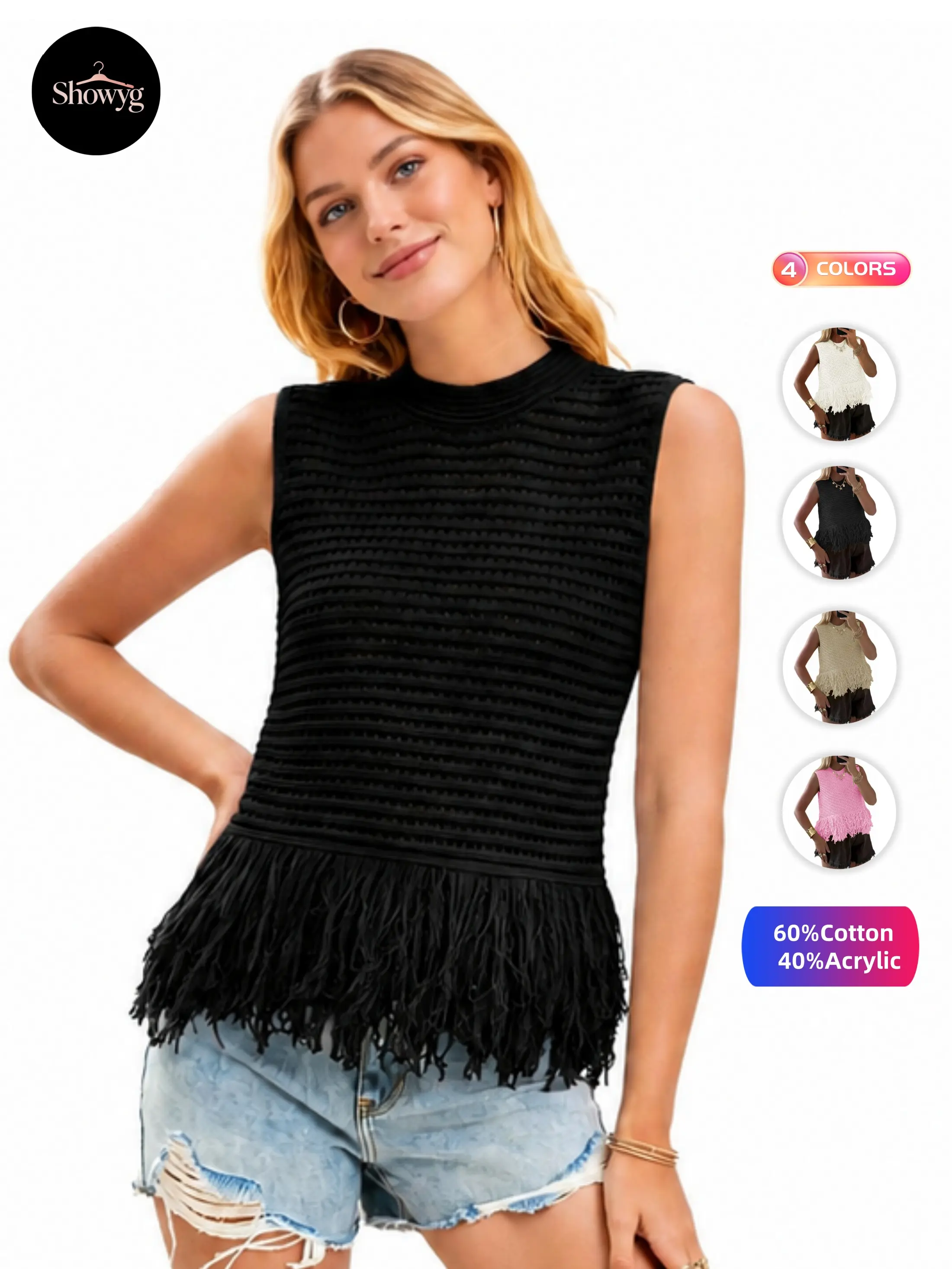 Showyg Women's Boho Comfy Round Neck Sleeveless Knitwear Top, Summer Fabric Hollow-Out Cropped Pullover with Fringe Hem, Regular Fit
