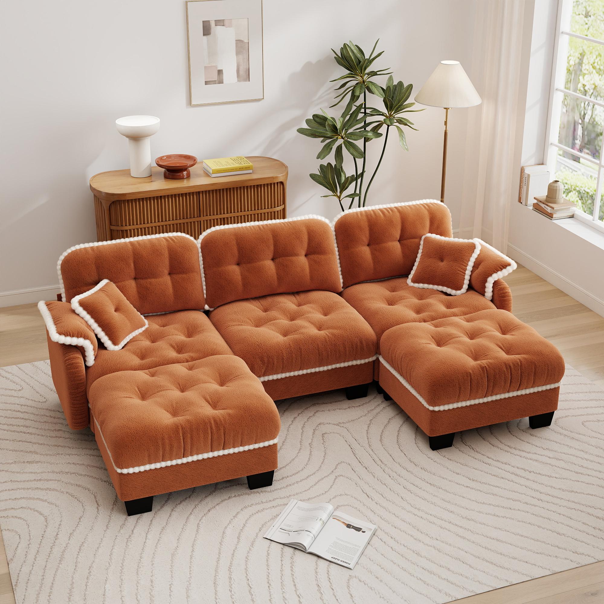 Eyisean 100.7in Chenille Modern Modular Sectional Sofa Furniture - 3-Seater U-Shaped Comfy Couch with Fixed Arms, Armrest Pillow, Back Cushion, 2 Movable Ottomans, Pom-Pom Trim Quilted Tufted Deep Seat, Ergonomic for Living Room Decor, Small Spaces, Ottom