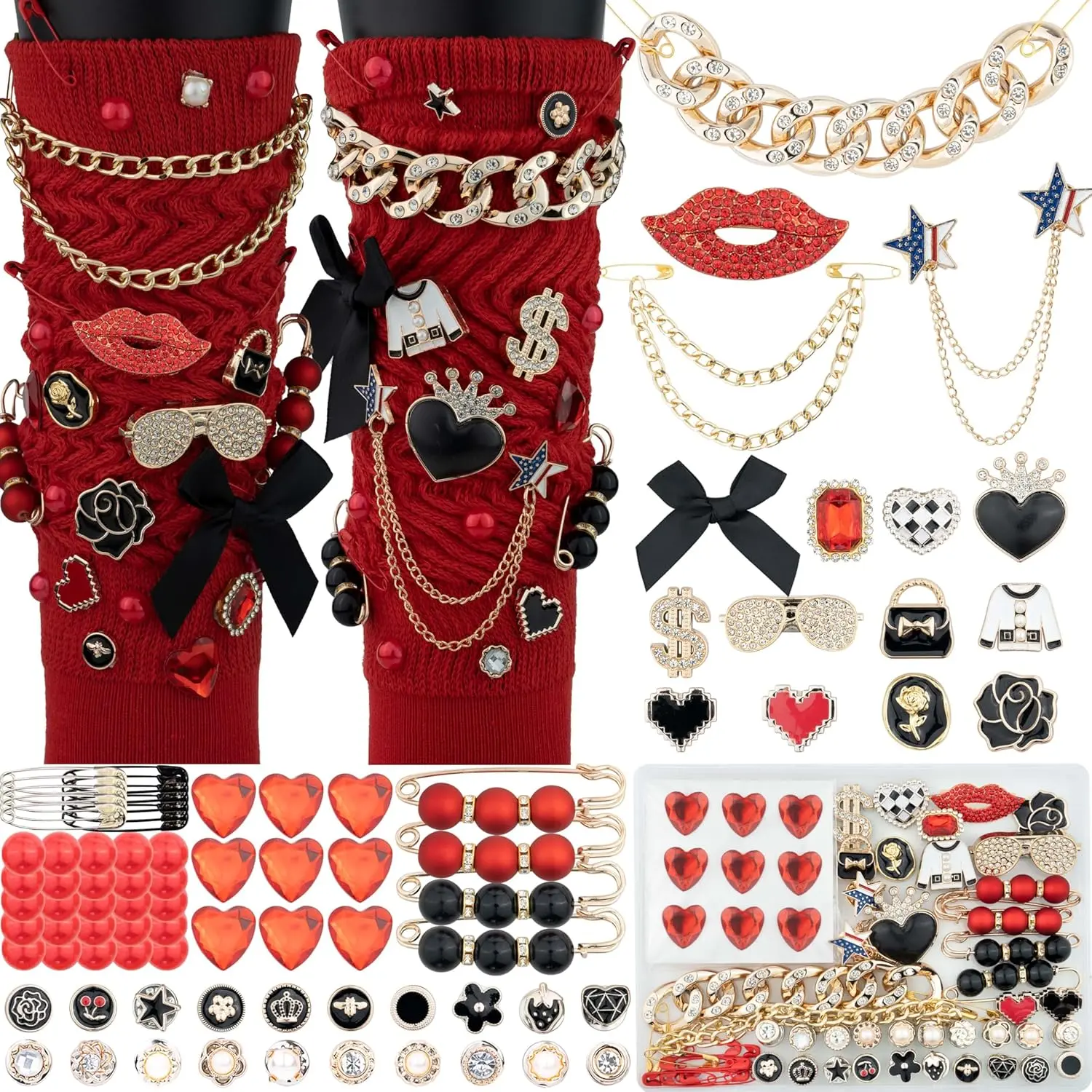 Women's 85-Piece Upcycled Junk Sock Charms Kit - Black & Red Decor Charms with Bows, Pearls, Rhinestones, Chains, Brooches, Safety Pins for DIY Projects, Bridal Use, Sustainable Fashion Accessory