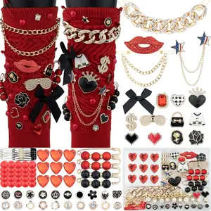 85-Piece Upcycled Junk Sock Charms Kit - Black & Red Sock Decor Charms with Bows, Pearls, Rhinestones, Chains, Women's Brooches, Safety Pins for DIY Projects & Bridal Use, Sustainable Fashion Accessory