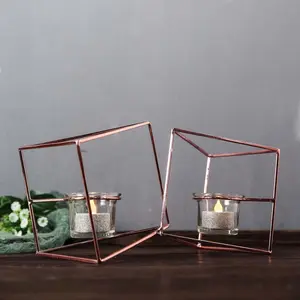 Set of Metal Candle Holders 9" Linked Geometric Design Rose Gold - Trendy Table Centerpieces with Votive Glass for Weddings