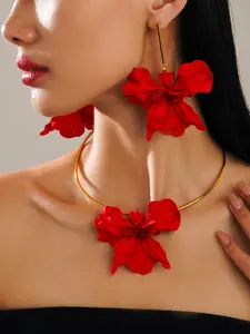 Fashion Boho Simple Exaggerated Petal Pile Pendant Earrings Set, Irregular Flower Necklace, Daily Party Wear, 2 Piece Matching Jewelry Set