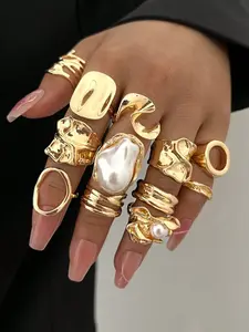 Boho Style Bohemian Aesthetic Vintage Elegant Fashion Women's Asymmetric Geometric Design Round Hollow Multi-Layer Metal Texture Faux Pearl Accent Flower Ring