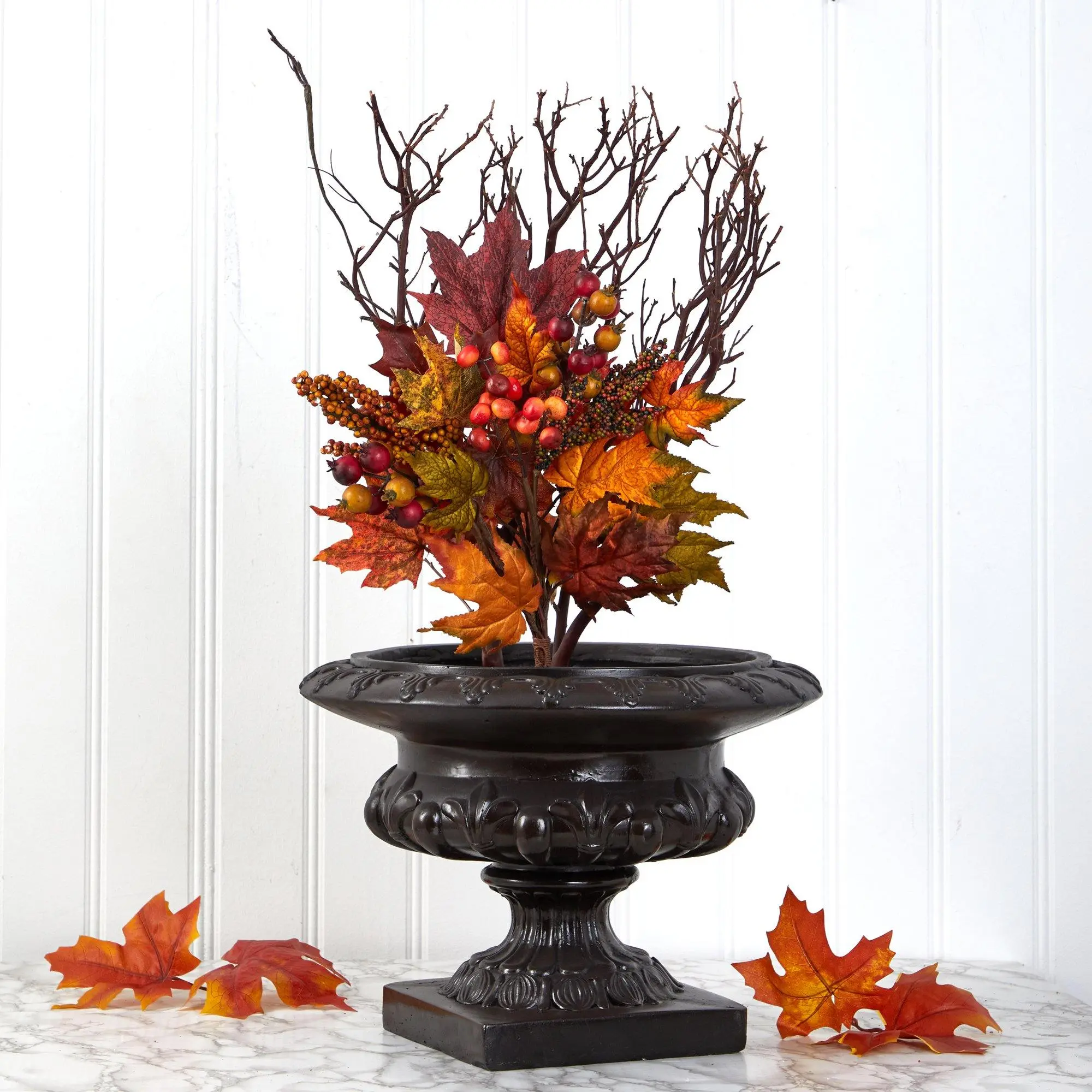 20 inches Vibrant Faux Flower Bouquet with Maple Leaf, Berries and Fruit Element, Set of 3 Fake Plants for Home Decor, Home Supplies
